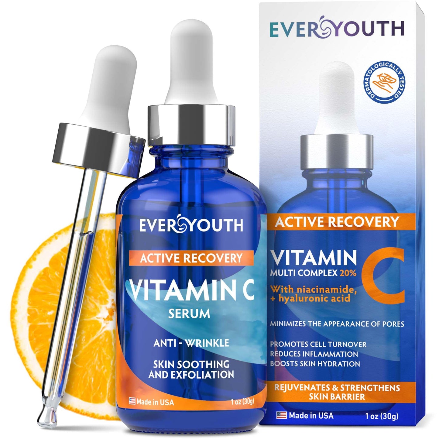 Vitamin C Serum 20%, Anti Aging Stem Cell Serum for Face with Hyaluronic Acid, Collagen Peptides, Vitamin E, 1 oz