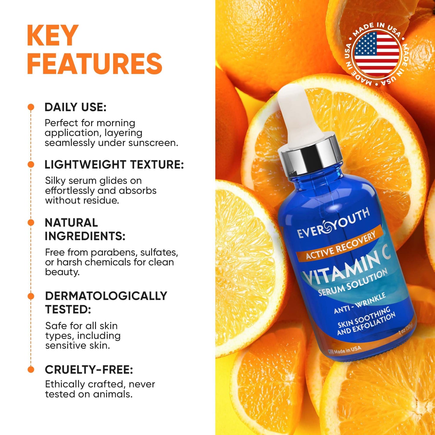 Vitamin C Serum 20%, Anti Aging Stem Cell Serum for Face with Hyaluronic Acid, Collagen Peptides, Vitamin E, 1 oz