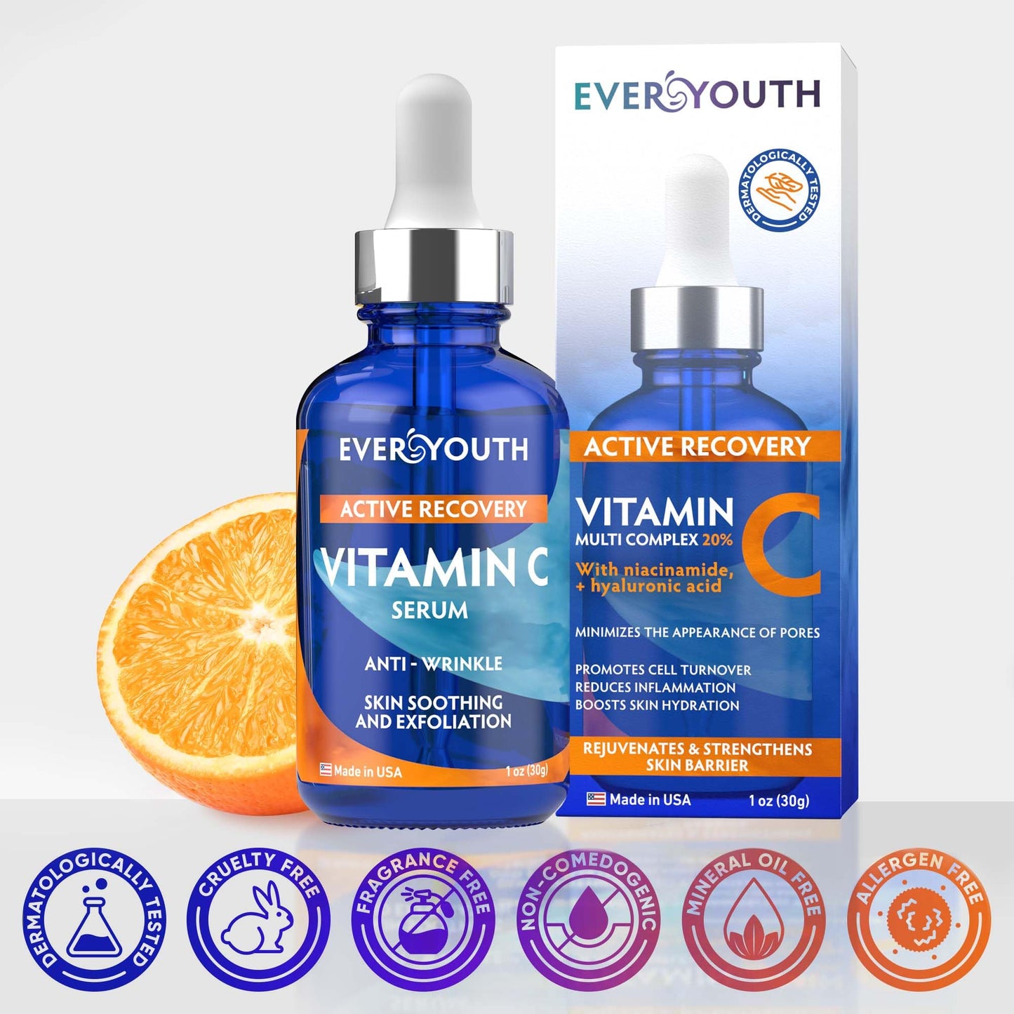Vitamin C Serum 20%, Anti Aging Stem Cell Serum for Face with Hyaluronic Acid, Collagen Peptides, Vitamin E, 1 oz